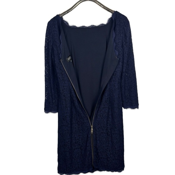 ADRIANNA PAPELL NAVY BLUE SCALLOPED LACE 3/4 SLEEVE SHEATH COCKTAIL DRESS - Picture 6 of 13